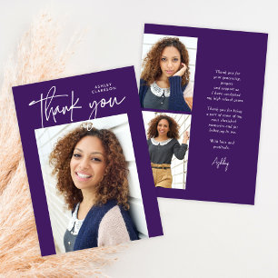 Purple Budget Modern Calligraphy Photo Graduation Thank You Card