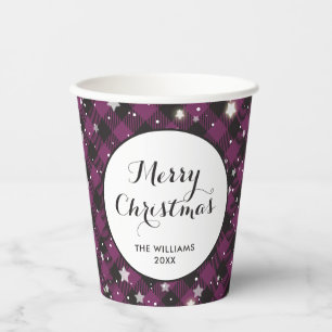 Purple Buffalo Plaid Family Christmas Party Paper Cups