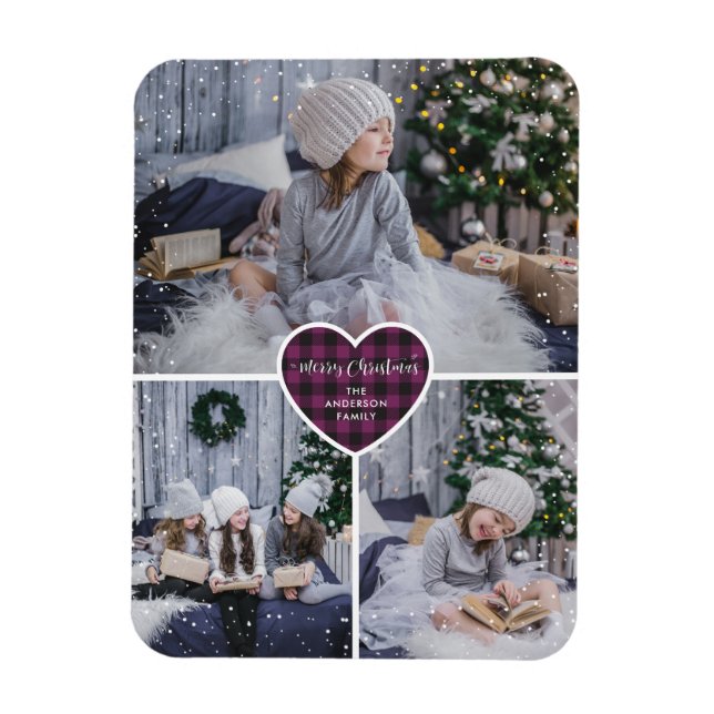 Purple Buffalo Plaid Heart Photo Merry Christmas Magnet (Vertical)