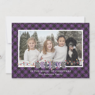 Purple Buffalo Plaid Snow Believe Photo Holiday Card