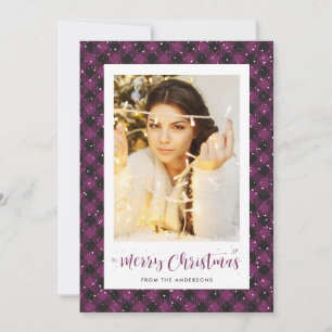 Purple Buffalo Plaid Snow Photo Christmas Cards