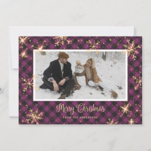 Purple Buffalo Plaid Sparkly Photo Christmas Cards