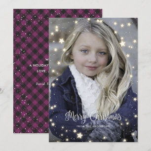 Purple Buffalo Plaid Stars Photo Christmas Cards