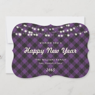 Purple Buffalo Plaid String Lights New Year Card