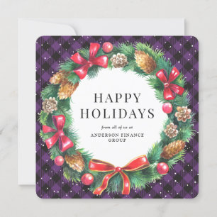 Purple Buffalo Plaid Wreath Corporate Business Holiday Card