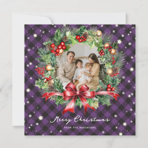 Purple Buffalo Plaid Wreath Stars Photo Christmas Holiday Card
