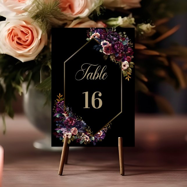 Purple Burgundy Black Floral Geometric Wedding Table Number (Creator Uploaded)