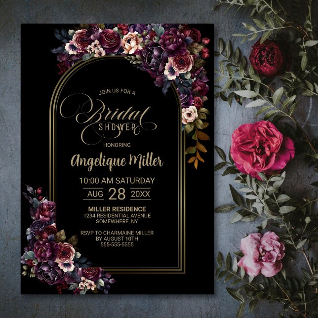 Purple Burgundy Floral Arch Black Bridal Shower Invitation (Creator Uploaded)