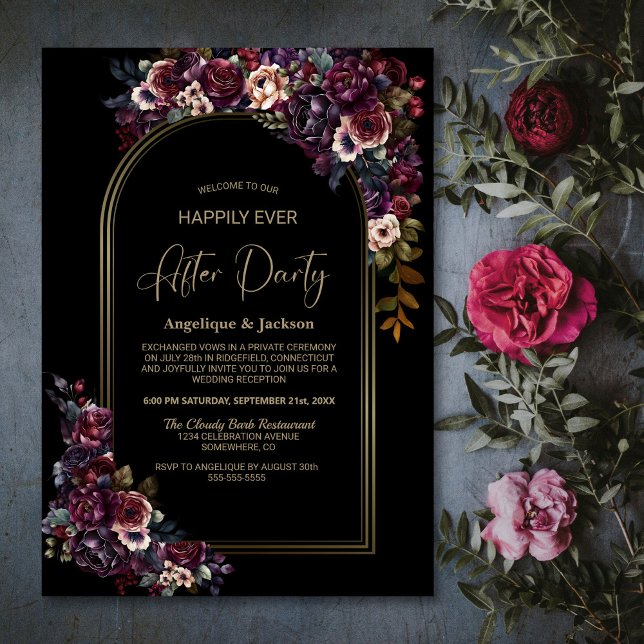 Purple Burgundy Floral Black Wedding After Party Invitation (Creator Uploaded)