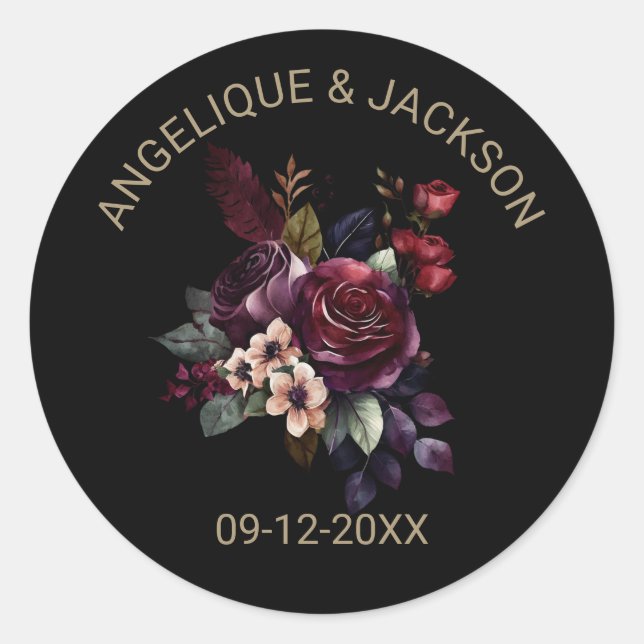 Purple Burgundy Floral Black Wedding Classic Round Sticker (Front)
