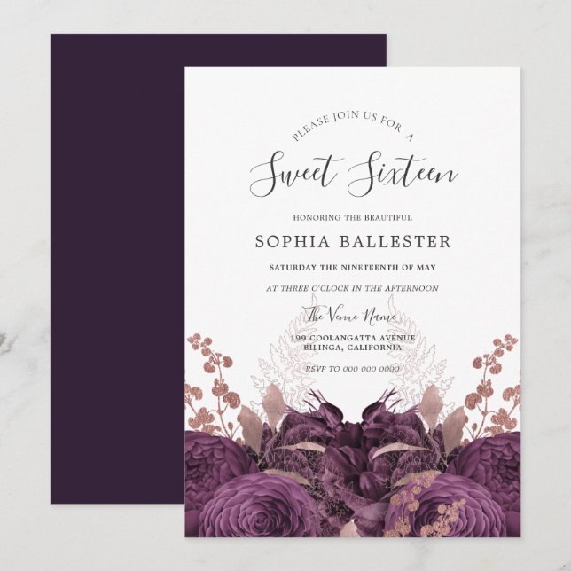 Purple Burgundy Floral Elegant Sweet 16 Party Invitation (Front/Back)