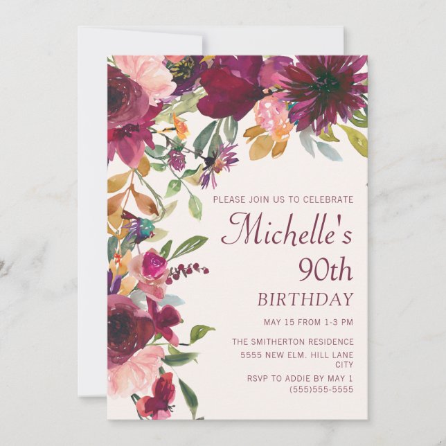 Purple Burgundy Floral Greenery 90th Birthday Invitation (Front)