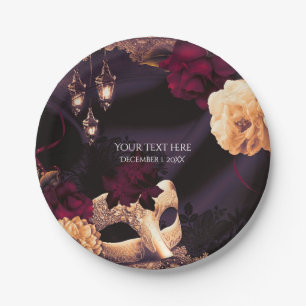 Purple & Burgundy Floral & Lace Masquerade Party Paper Plate