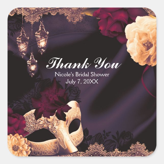 Purple & Burgundy Floral & Lace Masquerade Party Square Sticker (Front)