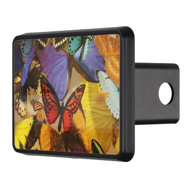 purple burgundy orange colourful tropical butterfl trailer hitch cover (Left)