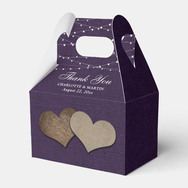 Purple Burlap Heart Wedding Thank You Favor Box (Front Side)
