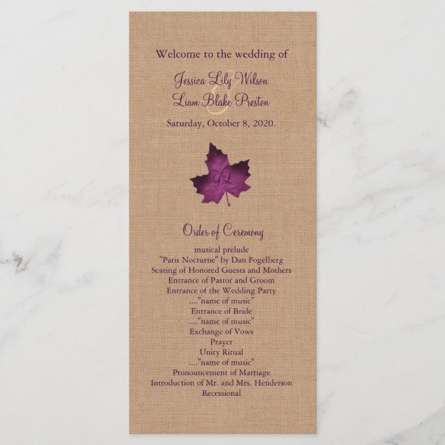 Purple Burlap Monogrammed Wedding Programme (Devant)