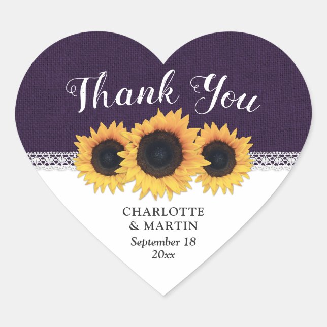 Purple Burlap Sunflower Wedding Thank You Heart Sticker (Front)