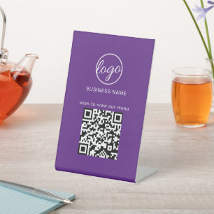 Purple Business Logo QR Code Restaurant Menu Pedestal Sign