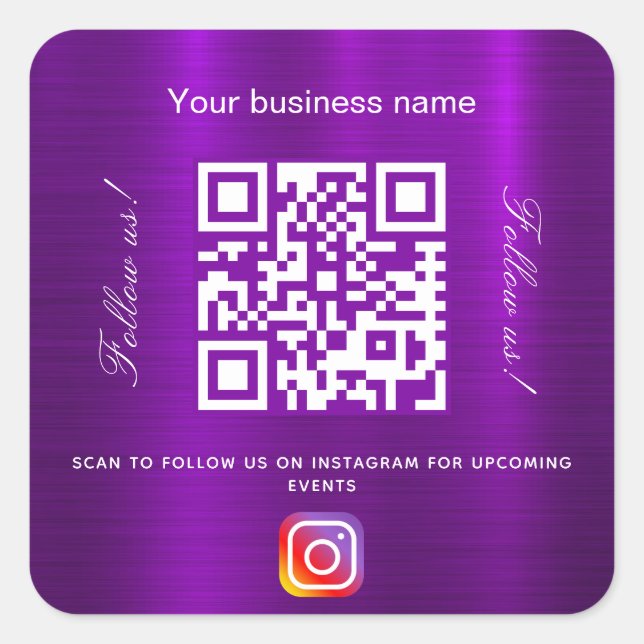 Purple business name qr code instagram square sticker (Front)