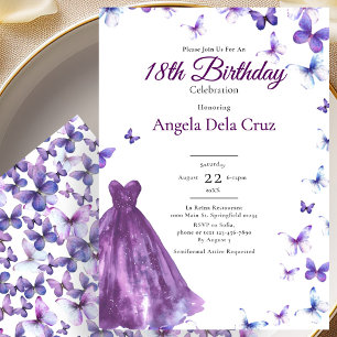 Purple Butterflies And Dress 18th Birthday Debut Invitation
