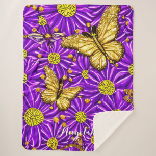 Purple Butterflies and Flowers Personalized Name Sherpa Blanket