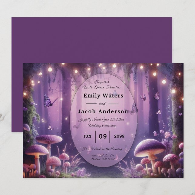 Purple Butterflies and Starlit Skies Wedding Invitation (Front/Back)