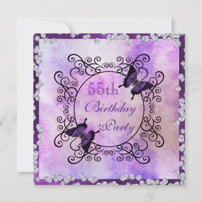 Purple Butterflies & Diamonds 55th Birthday Invitation (Front)