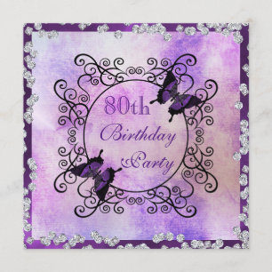 Purple Butterflies & Diamonds 80th Birthday Invitation