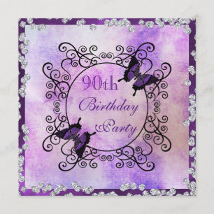 Purple Butterflies & Diamonds 90th Birthday Invitation
