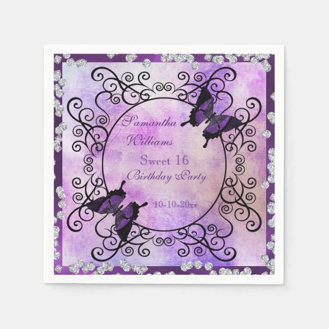 Purple Butterflies & Diamonds Sweet 16 Napkin (Front)