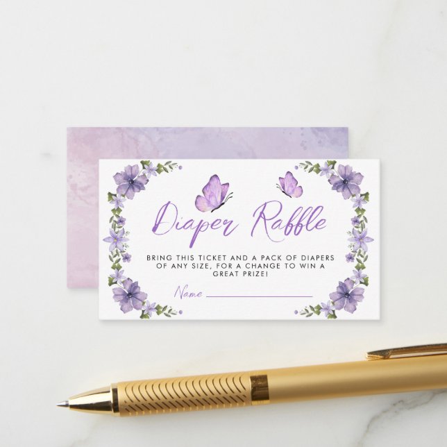 Purple Butterflies Diaper Raffle Enclosure Card (Front/Back In Situ)