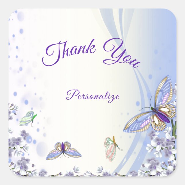 Purple Butterflies Flowers Thank You Personalize Square Sticker (Front)