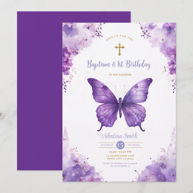 Purple Butterflies Garden Baptism & 1st Birthday  Invitation (Front/Back)