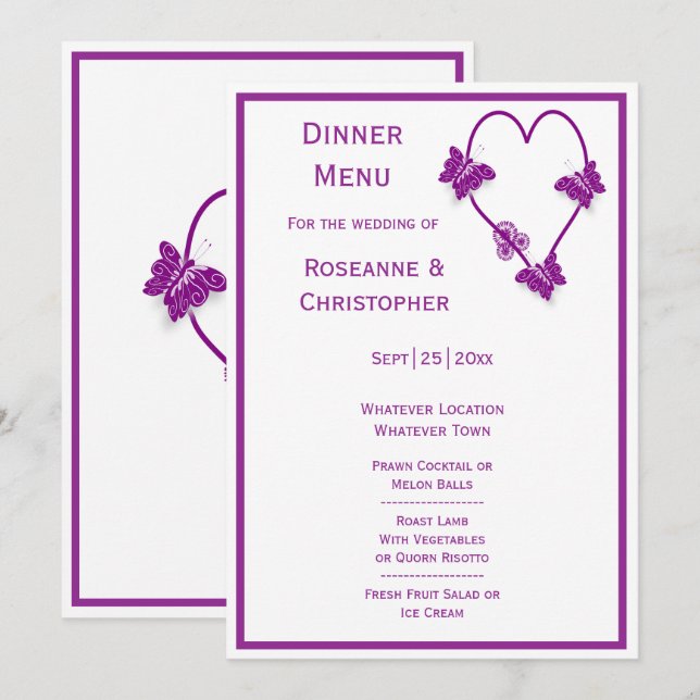 Purple Butterflies Heart Design Wedding Menu (Front/Back)