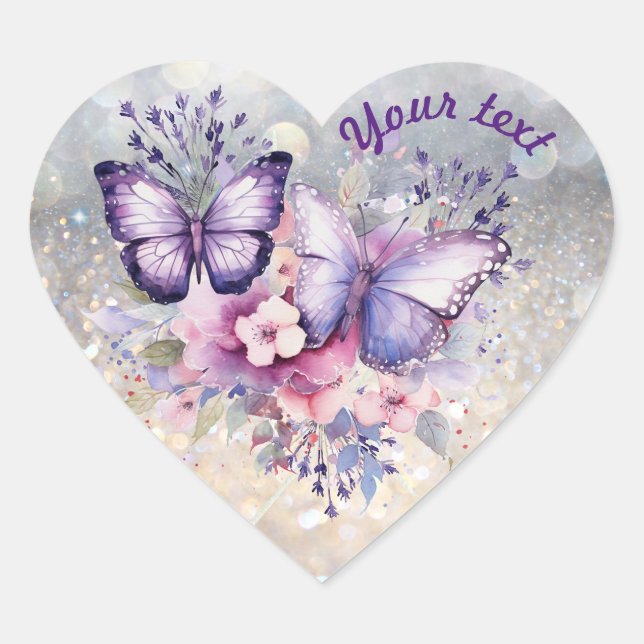 Purple Butterflies Heart Sticker (Front)