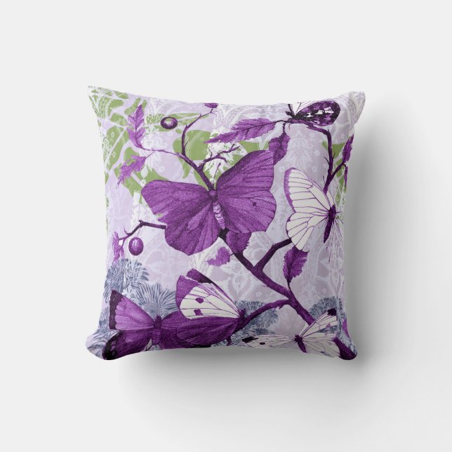 Purple Butterflies on a Branch Throw Pillow (Front)