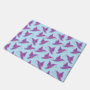 Purple Butterflies on Light Blue, Butterfly Print Doormat