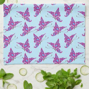 Purple Butterflies on Light Blue, Butterfly Print Kitchen Towel