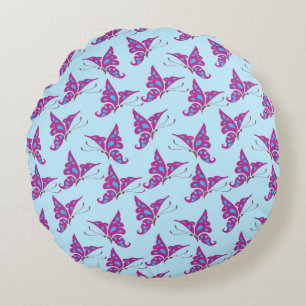 Purple Butterflies on Light Blue, Butterfly Print Round Pillow