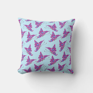 Purple Butterflies on Light Blue, Butterfly Print Throw Pillow