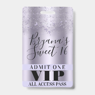 Purple Butterflies Sweet 16 Party VIP Pass Badge