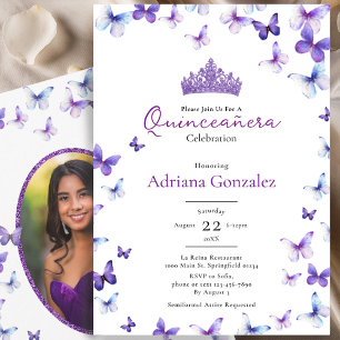 Purple Butterflies Tiara Photo 15 XV Quinceanera Invitation