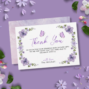 Purple Butterflies Watercolor Wildflower Thank You Card