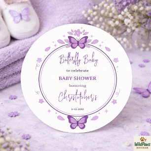 Purple Butterfly Baby Girl Baby Shower  Classic Round Sticker