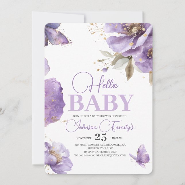Purple Butterfly Baby Shower,flowers Invitation (Front)