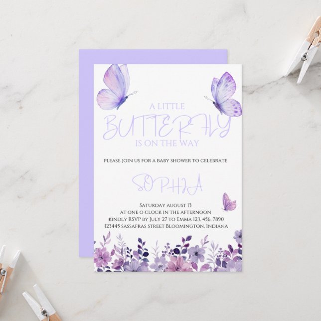 Purple Butterfly Baby Shower Invitations  (Front/Back In Situ)