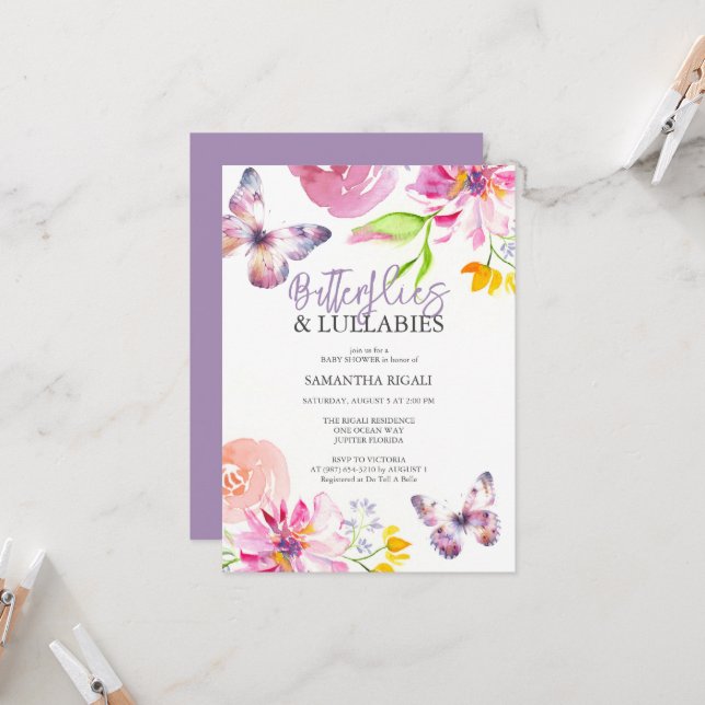 Purple Butterfly Baby Shower Invitations (Front/Back In Situ)