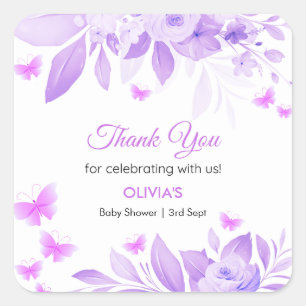 Purple Butterfly Baby Shower Thank You Square Sticker