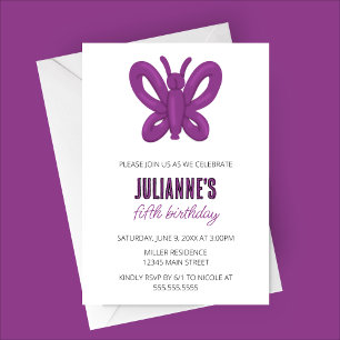 Purple Butterfly Balloon Animal Birthday Invitation